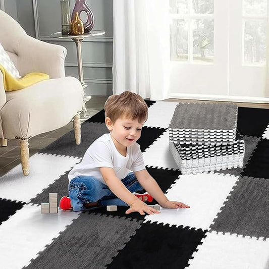 36 Pcs Plush Interlocking Carpet Tiles, Non-Toxic Foam Carpet Tiles for Toddler Baby, Machine-Washable, Anti-Slip, EVA Foam Interlocking Tiles for Floor, Nursery, Playroom, Grey White Black