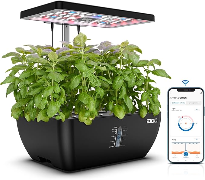 iDOO Hydroponics Growing System Kit 12Pods WiFi, Christmas Gifts for Women Mom, Indoor Herb Garden with LED Grow Light for Home, Built-in Fan, AutoTimer, 6.5L Large Tank Plant Germination Kit, Black