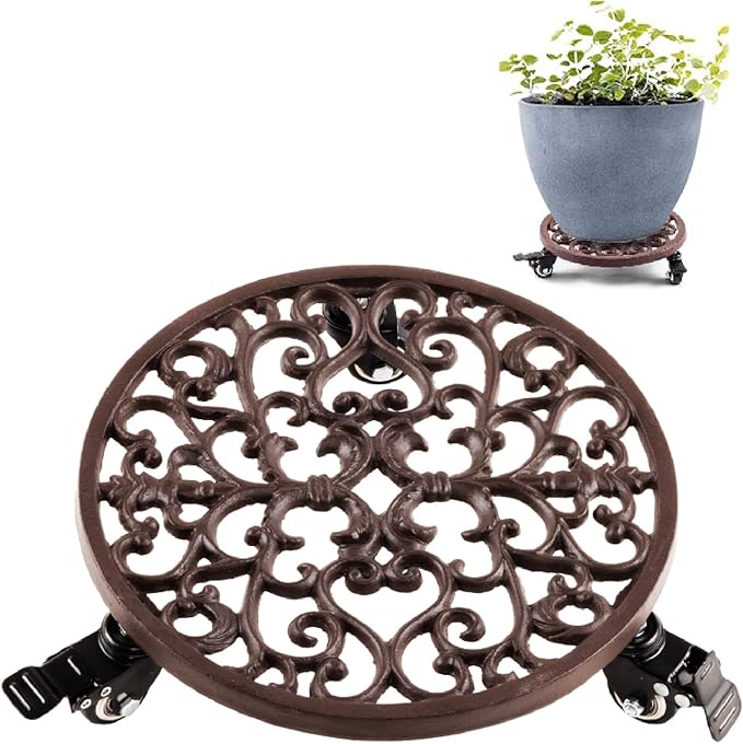 IDZO Capacity 350 lbs Plant Caddy with Wheels Heavy Duty Cast Iron Plant Stand with Lockable Wheels 12 Inch Classis Style Dark Brown