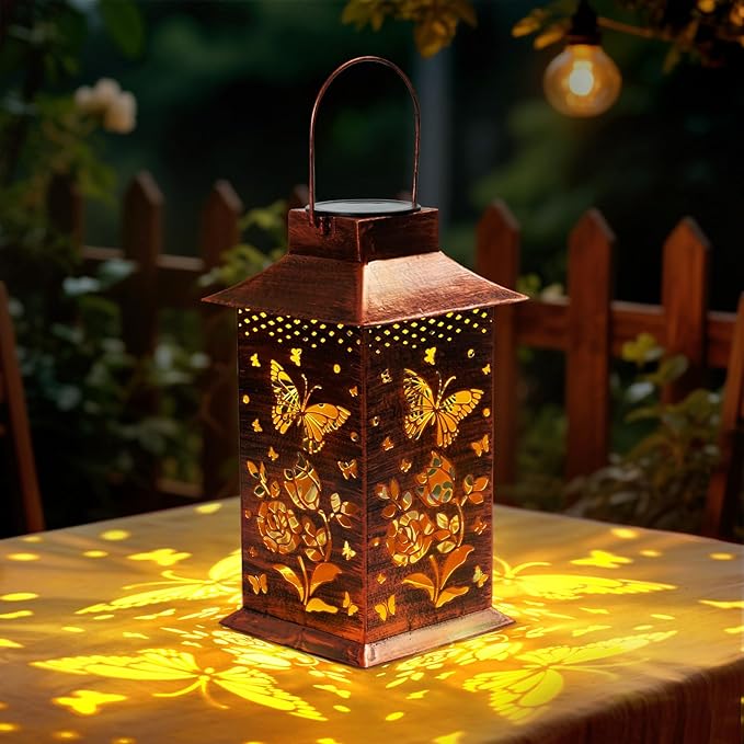 Homemory Butterfly Solar Lanterns Waterproof, Metal Hanging Hollowed-Out Metal Decor Lantern, LED Outdoor Decoration for Outside LED Lanternse for Yard, Backyard, Porch, Lawn