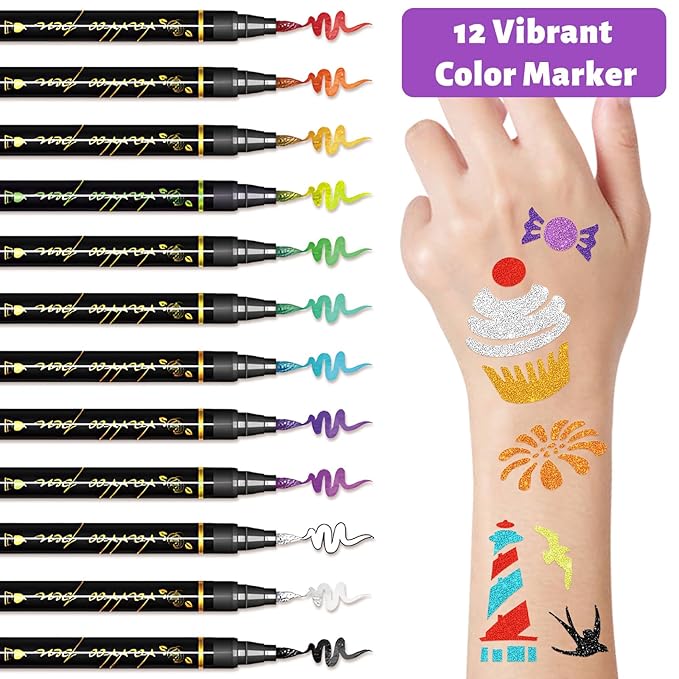 Temporary Tattoo Markers for Skin, 12 Metallic Body Markers + 183 Temporary Tattoo Stencils for Kids Adults, Flexible Brush Tip, Bright Colors, Cosmetic Tattoos Pens for Kids Adults, DIY Body Art Set