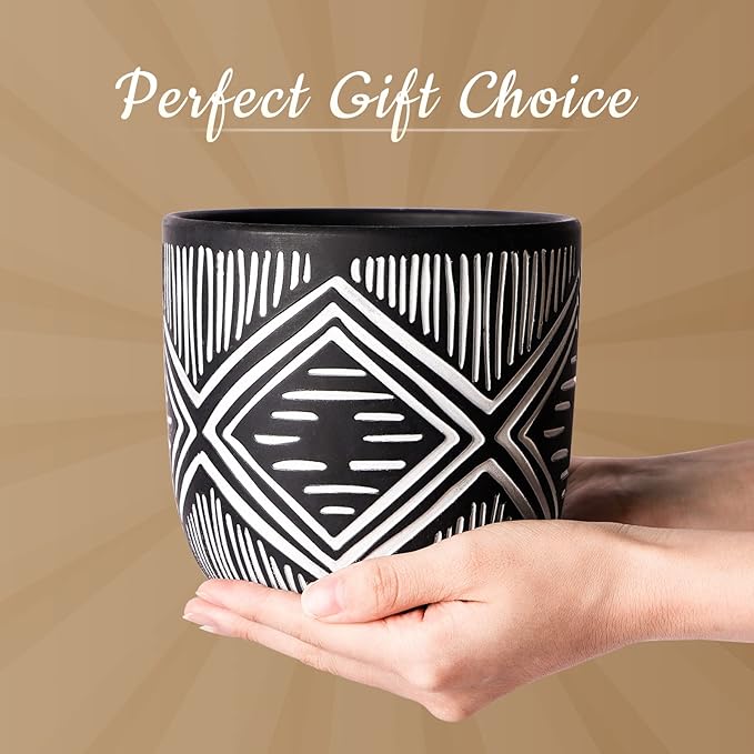 6 Inch Boho Planter Pots with Drainage Holes, 2 Pcs Terracotta Pots, Ceramic Plant Pots for Indoor Plants, Ferns, Vines, Succulents, and Outdoor Plants Growing, Gift for Plant Lovers（Black）