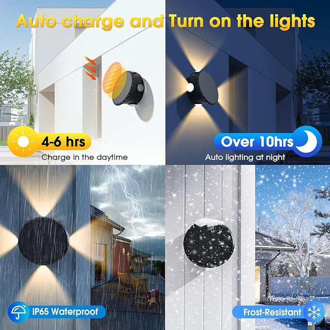 Outdoor Wall Lights - 4 LED Solar Lights for Outside - IP65 Waterproof-RGB Multicolor - Auto On/Off - 1200mAh Battery, Use on The Fence, Patio, Yard, Garden, Porch&More 2 Pack (Warm Color)