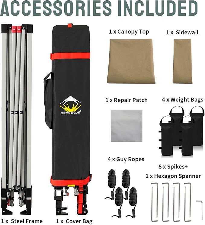 CROWN SHADES 10x10 Pop Up Canopy with 1 Side Wall - Beach Tent with One Push Setup - Outdoor Sun Shade for Events, Parties, Camping - Gazebo with STO-N-Go Cover Bag (Beige)