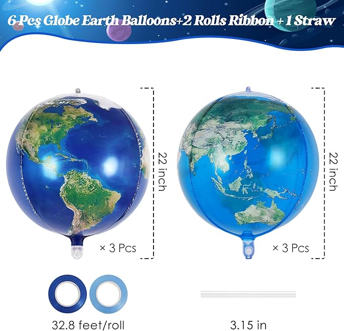 6 Pcs Planet Balloons, Large Earth World Map Foil Balloon, 2 Styles Globe Round Sphere Balloons for Birthday Earth Day Travel Adventure Themed Party Decorations Supplies