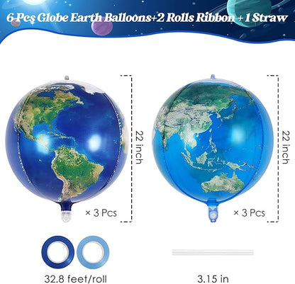 6 Pcs Planet Balloons, Large Earth World Map Foil Balloon, 2 Styles Globe Round Sphere Balloons for Birthday Earth Day Travel Adventure Themed Party Decorations Supplies