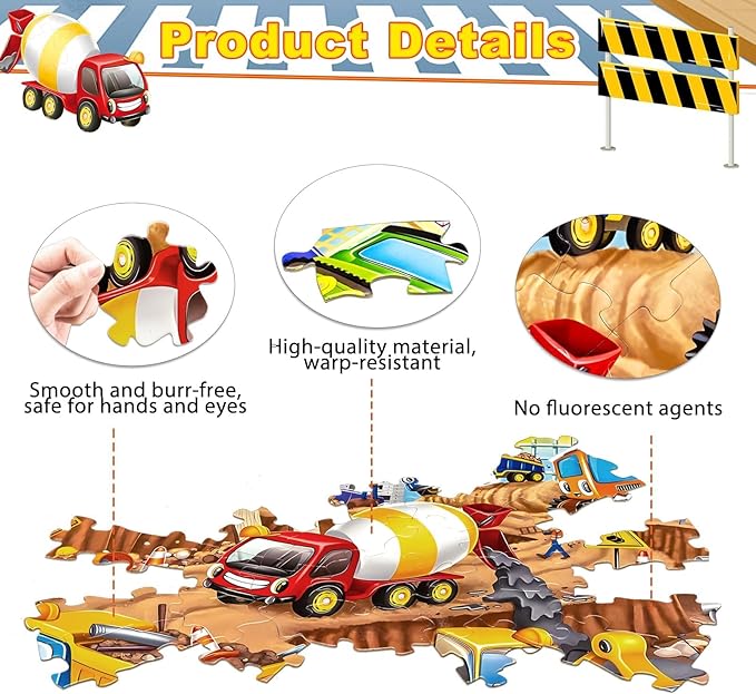 71Pcs Christmas Construction Vehicle Floor Puzzle for Kids 3,4,5,6,7,8,Educational Building Jigsaw Puzzles with Excavator Dumper Monster Truck for Ages 3-5,Learning Toys Gift for Girls and Boys