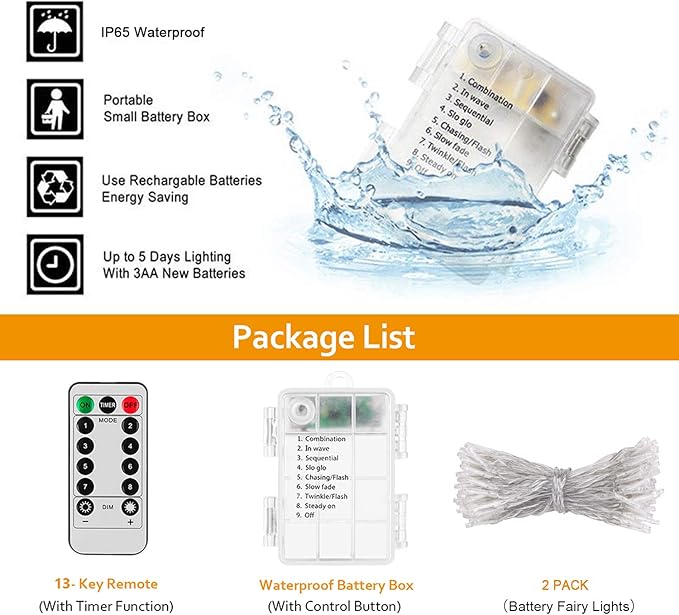 String Lights, 2 Pack Battery Operated String Lights with Remote Timer Waterproof 8 Modes String Lights for Bedroom,Garden,Party,Xmas Tree Indoor Outdoor Decorations (Purple, 36)