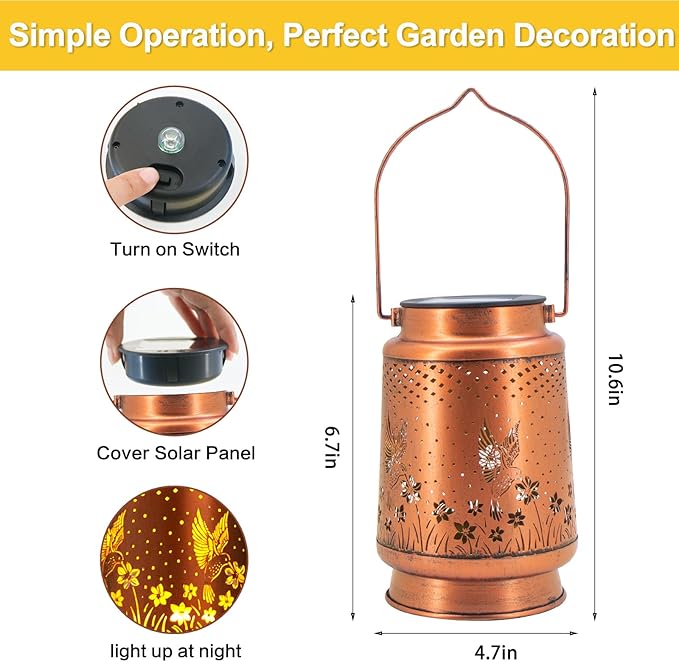 Hummingbird Solar Lantern Outdoor Hanging, Metal Bird Decor Waterproof LED Decorative Light for Garden Patio Yard Lawn Backyard Front Porch, Christmas Thanksgiving Birthday Gifts for Women Mom Grandma