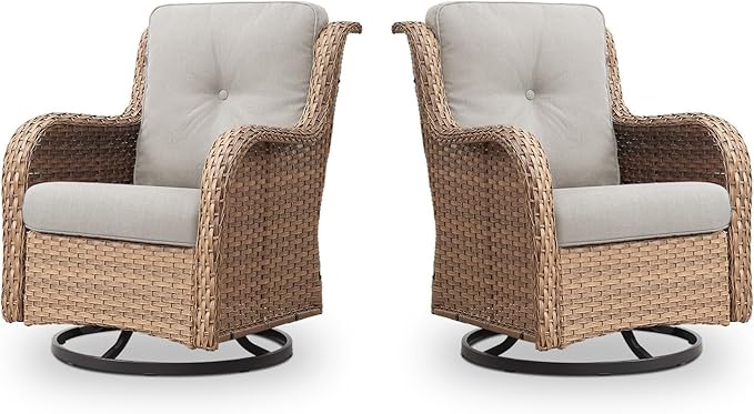 Outdoor Swivel Rocker Patio Chairs - 360 Degree Swivel Glider Seating 350LBS Weight Capacity Wicker Rocking Chairs Set of 2 with Removable Cushion for Porch Balcony Deck, Yellow/Beige
