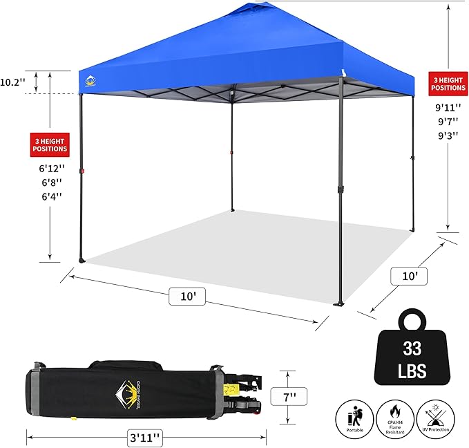CROWN SHADES 10x10 Pop Up Canopy Tent - Patented Center Lock One Push Instant Outdoor Canopy Beach Tent with STO-N-Go Bag 8 Stakes & 4 Sand Bags，Blue