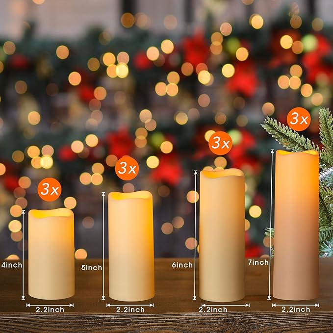 Metaku Flameless Flickering LED Candles Set of 12 - Battery Operated Ivory with Remote & Timer for Halloween, Christmas, Bedroom, Home, Wedding, Birthday Decoration D2.2'' x H4''5''6''7''
