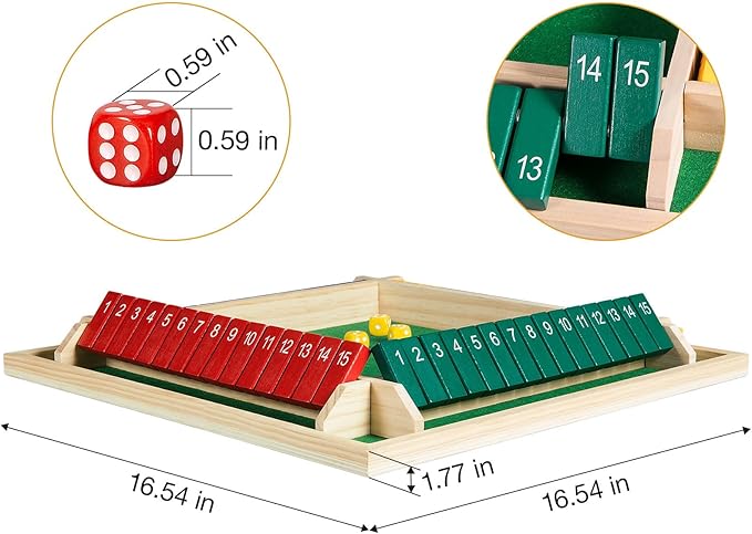 Upgraded 16.54'' Shut The Box Dice Game 4 Player-Colorful Wooden Close The Box Game with 15 Numbers + 16 Dices- Tabletop Math Board Game Kids & Adults