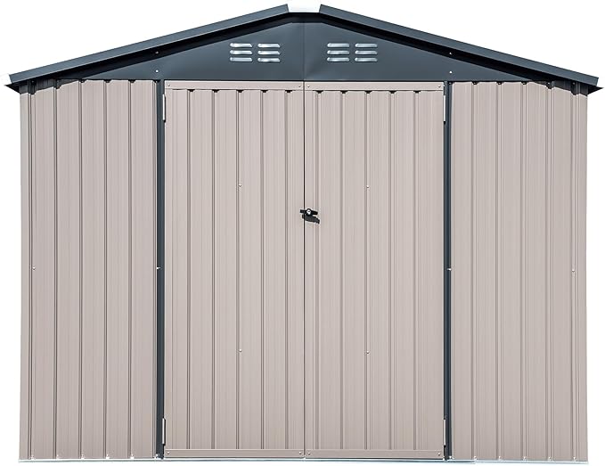 Metal Outdoor Galvanized Steel Storage Shed with Lockable Doors for Backyard or Patio Storage of Bikes, Grills, Supplies, Tools, Toys, for Lawn, Garden, and Camping, Tan (8x6)