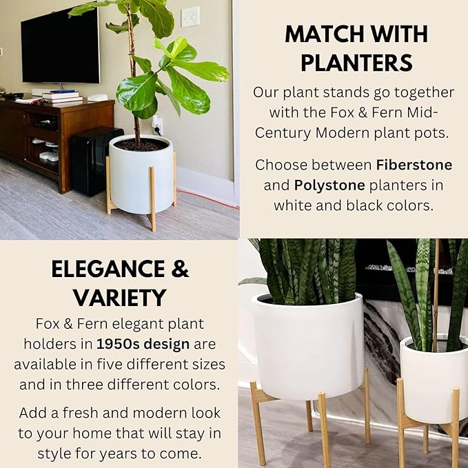 Fox & Fern Bamboo Plant Stand — 14.9 Inch Fixed Size Wooden Mid Century Planter Stand for Indoor Plants; Extra Large Flower Pot Holder for Indoor Big Pots; Plug In Design; Two Height Options - Bamboo