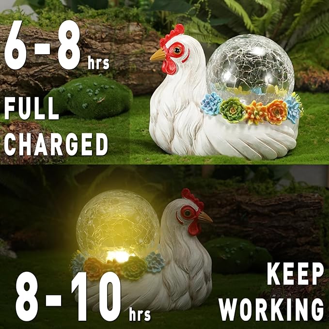 Solar Chicken Garden Statue Lights for Outdoor Decor with Cracked Glass LED Rooster Figurine Lighting Resin Succulent Hen Decorations for Patio Lawn Yard Home Housewarming Mom Wowen Gifts