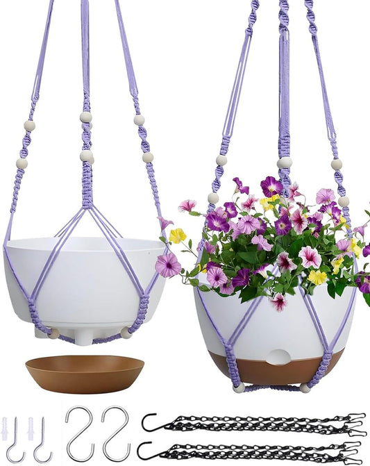 2 Pack Hanging Planters Set,10 Inch Indoor Outdoor Hanging Plant Pot Basket,Hanging Flower Pot with Drainage Hole with 3 Hooks for Garden Home(Purple Hanger White Planters)