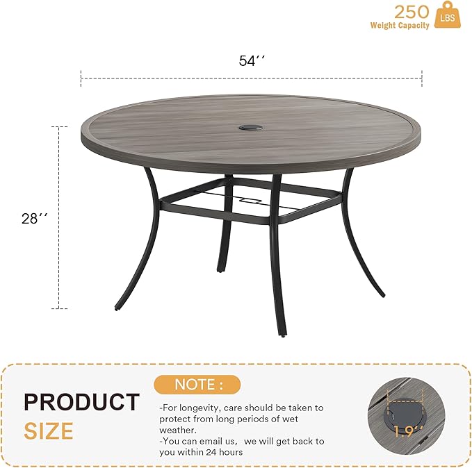 VICLLAX 53" Outdoor Round Patio Table for Lawn Garden, All Weather Metal Round Patio Dining Table with Adjustable Umbrella Hole, Patio Table for 8 Person, Grey Wood-Like Tabletop