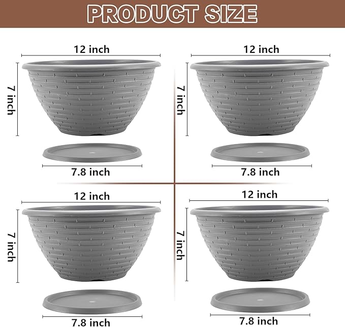 Quarut Large-Planter-Indoor-Outdoor Plant Pots, 12 inch 4 Pack Flower Pots with Saucer and Drainage Holes, Modern Planters for Planting Medium Large Plants,Decorative Resin Garden Pots(Grey)