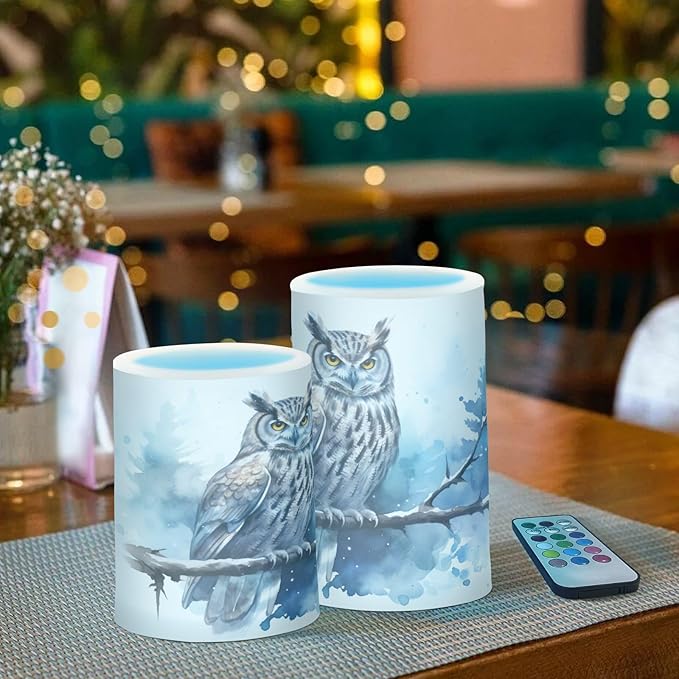 Flickering Flameless Candles, Owl on Tree LED Candles with Remote Timer, Set of 2 Battery Operated Candle for Valentine Wedding Birthday