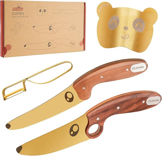 Kids Knife Set for Real Cooking with Educational Ring & Precious Rosewood Handle, Kids Chef Knife-4pcs Set with Stainless Steel Finger Guard-Golden Coating