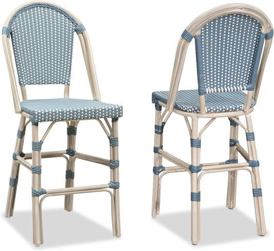 PURPLE LEAF French Counter Height Bar Stool Set of 2 25" White Print Finish Patio Bar Chairs with Back Rattan Bar Chairs French Bistro Set for Kitchen Outdoor Counter Stool Light Blue