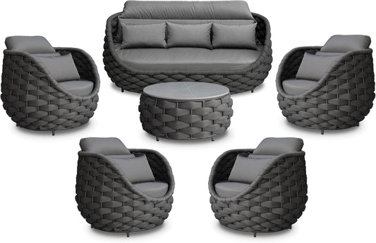 6 Pieces Rope Patio Furniture Set: Aluminum Outdoor Couch Set Cushioned - Assembled Porch Conversation Sofa Set Modern - Metal Patio Seating for 7 Person Deck Garden Poolside Hotel, Dark Gray