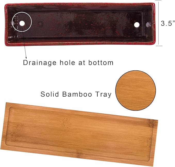 ARTKETTY Succulent Pots - 12.1 Inch Large Succulent Planters Pots with Drainage Tray, Long Rectangle Ceramic Pots for Indoor Cactus/Succulent Plants Shallow Bonsai Window Box for Home Garden Decor