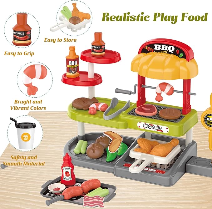 Kids BBQ Grill Play Set: Coffee, Card Reader, Cash Register, Play Food (Grilled Fish, Wings, Kebabs, Sausages), Play Money - Educational Toy Kitchen Ages 3+