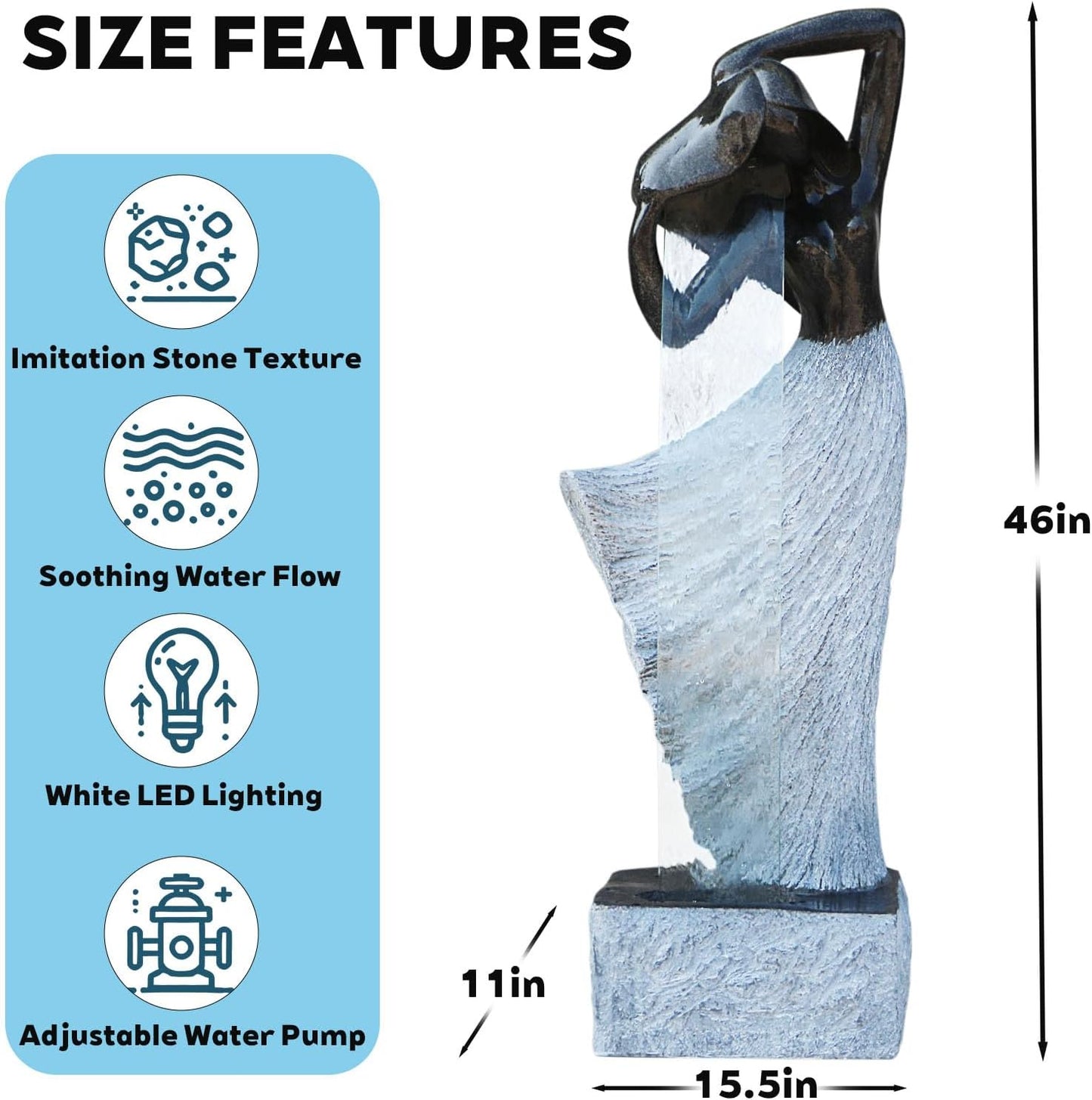 Modern Waterfalling Fountain Outdoor Indoor Zen Garden Water Features in Cast Stone Color for Courtyard/Lawn/Patio/Lobby/Backyard 46" Height