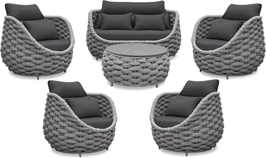 Aluminum Outdoor Patio Furniture Set: 6 Pieces Porch Rope Conversation Sofa Set - Modern Woven Deck Couch Set Cushioned - No Assembly All Weather Seating for 660lbs Yard Garden Lanai Hotel Pool