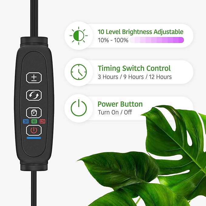 Clip Grow Light for Indoor Plants, Red Blue Spectrum Plant Growing Lamp with 3 Switch Modes,10-Level Dimmable,Auto ON & Off,3/9/12H Timer,Adjustable Gooseneck,1485 Lumen,Input Volateg 15W