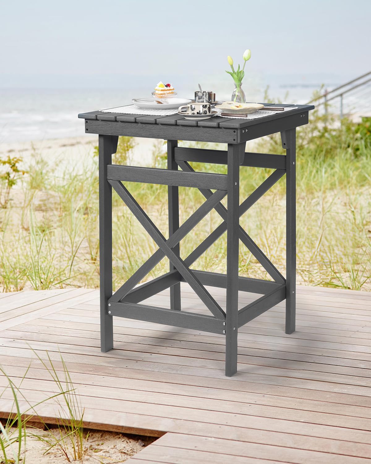 HDPE Outdoor Bar Table, 41" Adirondack Outdoor Bar Height Table, All Weather HDPE Patio High Top Pub Table, Square HDPE Patio Bar Tables for Balcony, Deck, Backyard, Poolside, Smoke Gray
