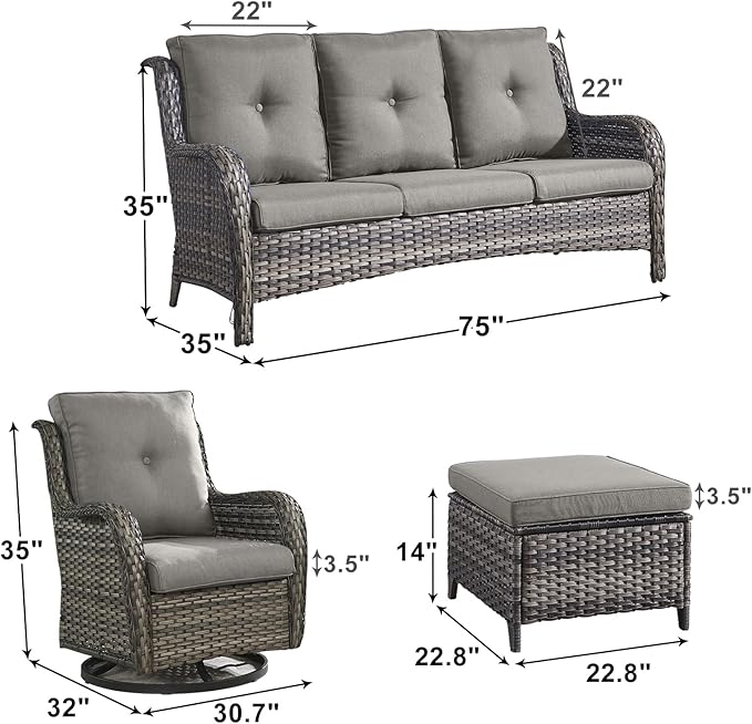 Outdoor Wicker Patio Furniture Set - 5 Piece Rattan Patio Conversation Set with 2 Rocking Swivel Chairs,2 Ottomans and 1 Sofa for Porch Deck Backyard Garden(Mixed Grey/Grey)
