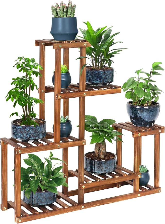 Wood Plant Stand Indoor Outdoor Multi Tiered Corner Plant Shelf Holder High Low Flower Rack Stand for Indoor Multiple Plants 9 Potted Organize Shelves in Living Room Garden Balcony Patio Yard