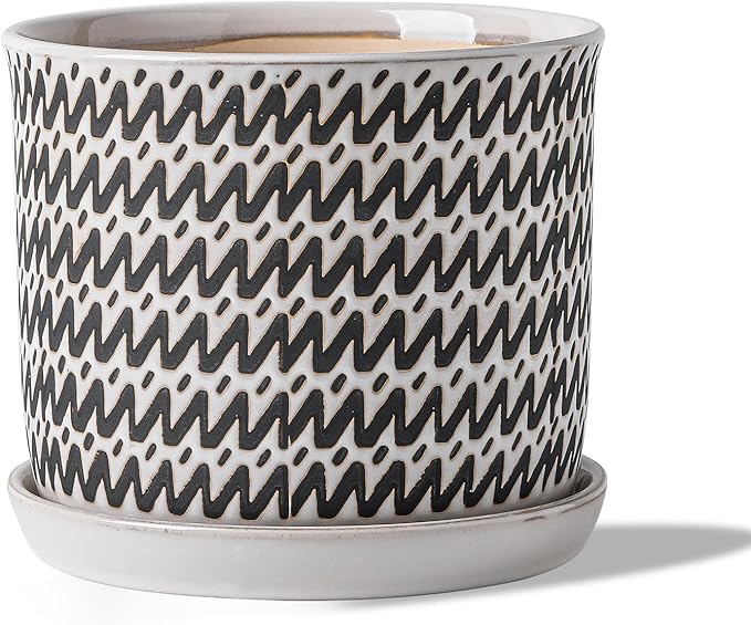 8 Inch Plant Pot: Ceramic Planter with Drainage Hole & Saucer for Indoor Outdoor Plants - Flowerpot with Bonded Tray for Home Office - Wave Stripe Debossed