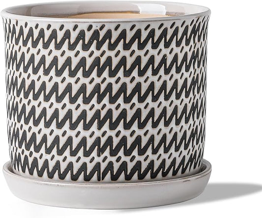 8 Inch Plant Pot: Ceramic Planter with Drainage Hole & Saucer for Indoor Outdoor Plants - Flowerpot with Bonded Tray for Home Office - Wave Stripe Debossed
