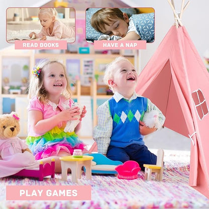 6 Packs Pink Teepee Tent for Kids with 10FT String Lights, Indoor Outdoor Play Teepee Tent for Girls & Boys, Foldable Tents for Birthday Party Boho Sleepovers Party Pajama Party