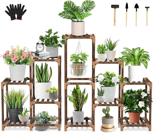 Uneedem Wood Plant Stand Indoor Outdoor Corner Plant Shelf Stand, 5 Tiered 10 Potted Flower Plant Stands for Indoor Plants Multiple, Plant Shelves Stands Rack for Living Room, Patio, Balcony