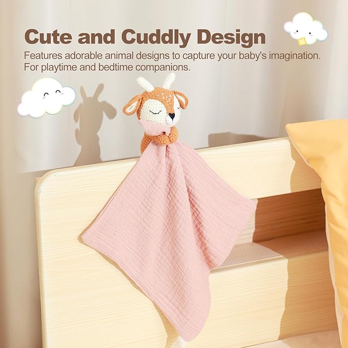 Baby Animal Plush Toys with Rattle, Baby Hand Knitted Animal Security Blankets, Soothing Toys, Gifts for Boys and Girls 12 inch