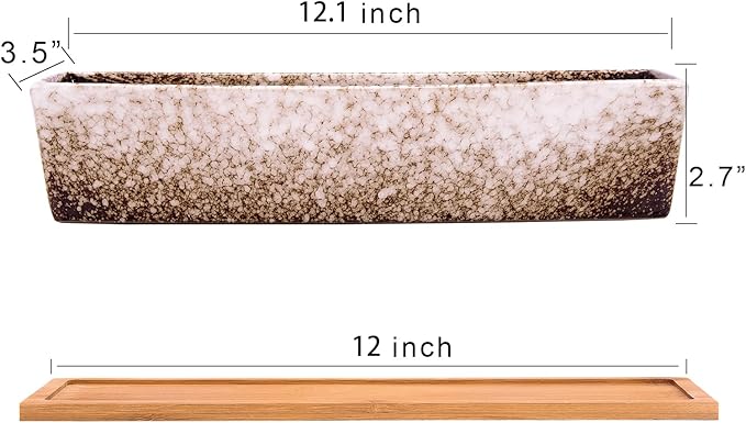 Succulent Pots - 12.1 Inch Large Succulent Planters Pots with Drainage Tray, Long Rectangle Ceramic Pots for Indoor Cactus/Succulent Plants Shallow Bonsai Window Box for Home Garden Decor (White)