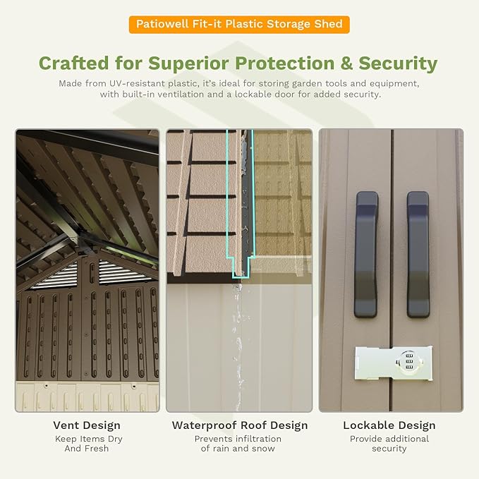 Patiowell 8 x 12 FT Plastic Outdoor Storage Shed with Floor, Resin Shed with Window and Lockable Door for Garden, Backyard, Tool Storage Use, Easy to Install in Brown (Kick-it Shed)