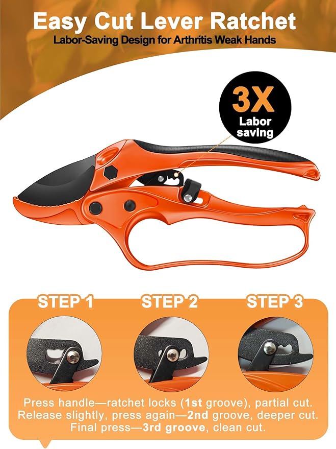Ratchet Anvil Pruning Shears for Gardening Heavy Duty, Labor-Saving Design Garden Clippers for Arthritis Weak Hands, 3/4" Cut Capacity Branch Cutter for Tree Trimming, Flower, Rose, Plant