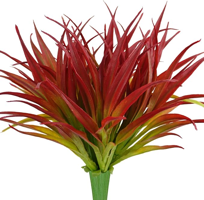 6Pcs Artificial Grass Fake Plants 17.3in Outdoor Plants UV Resistant Greenery Stems Fake Grass for Home Window Garden Office Patio Pathway Front Porch Christmas Décor Light Green & Red