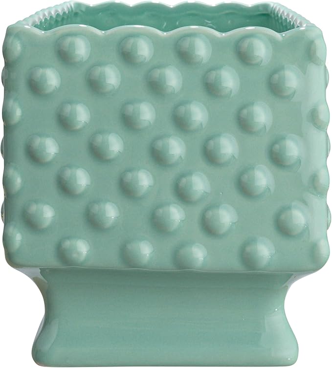 Creative Co-op Ceramic Hobnail Planter with Scalloped Edge and Polka Dots, Aqua