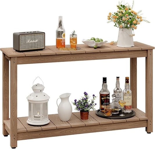Outdoor Console Table, 48" Weather Resistant HIPS Patio Side Table, 440LBS Weight Capacity, 2-Tier Multifunctional Buffet Bar Storage Organizer for Garden Deck, Teak
