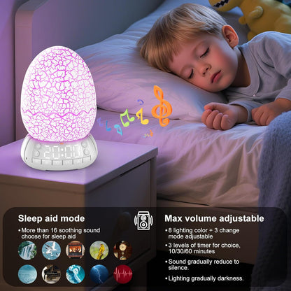 Kids Fun Alarm Clock with Night Light for Bedroom,16 Sleep Sounds Noise Machine& Bluetooth Speaker, 8-Color Dimmable Wake-Up Light with 10/30/60 Minutes Timer, Egg Decorative Light Gift for Boys Girls