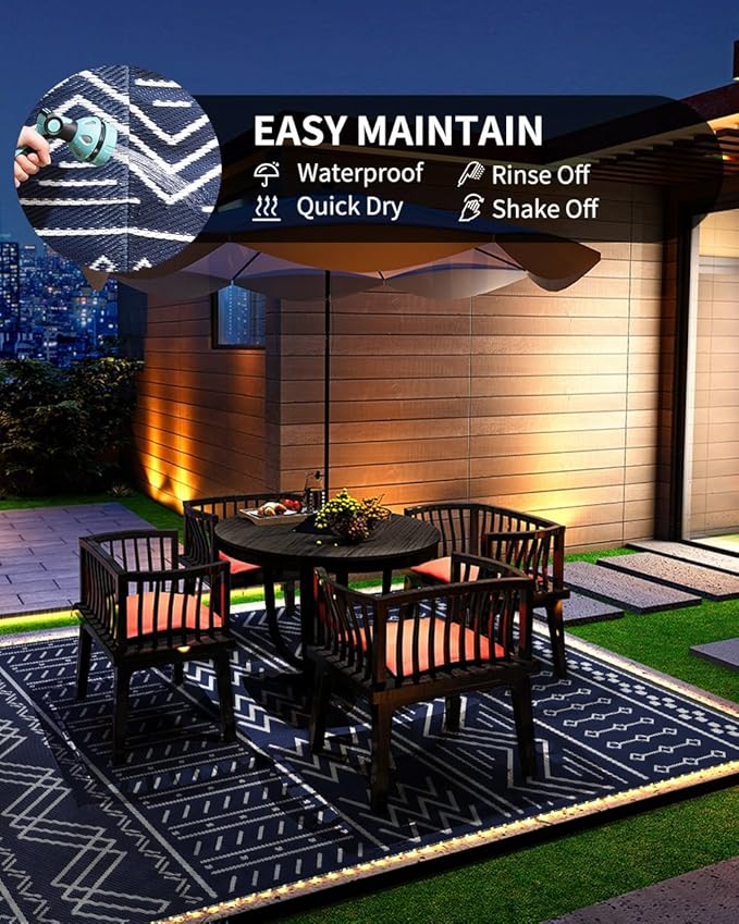 Outdoor Rug Carpet Waterproof 8x10 ft with LED Strip Lights-Patio Rug Mat Indoor Outdoor Rug for RV Camping Picnic Reversible Lightweight Plastic Straw Outside Rug for Patio Decor Decoration Boho Rug