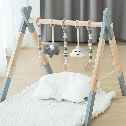 Wooden Baby Play Gym Foldable Gym Frame Activity Gym Hanging Bar with 5 Toys Natural for Newborn Baby (Foldable Grey)