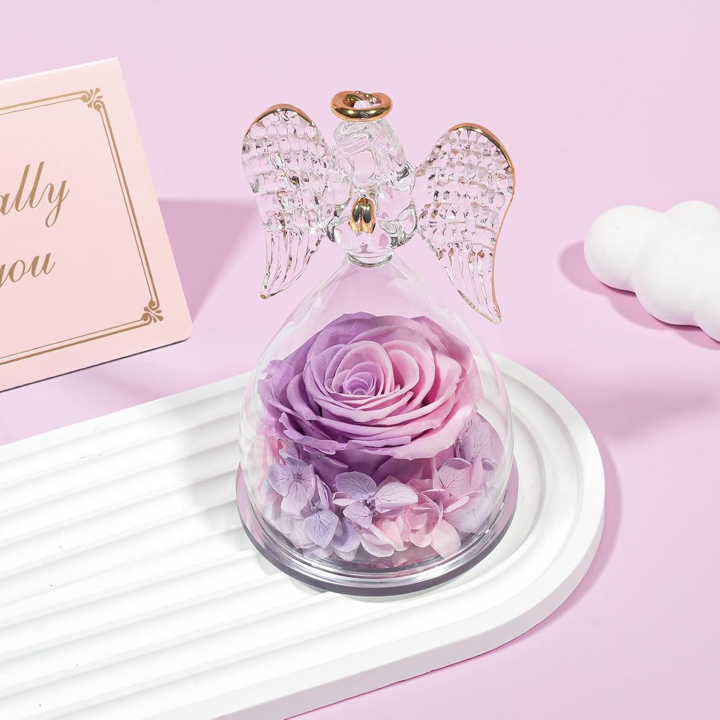 Yamonic for Mom, Moms Birthday Gifts for Women Grandma, Angel Figurines with Preserved Real Flowers Rose for Mothers Day, Wife Anniversary, Valentine's Day Gifts for Her(Pink+Purple)